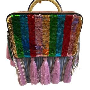 The Volon fringe and tassel double zippered multicolor top handle purse